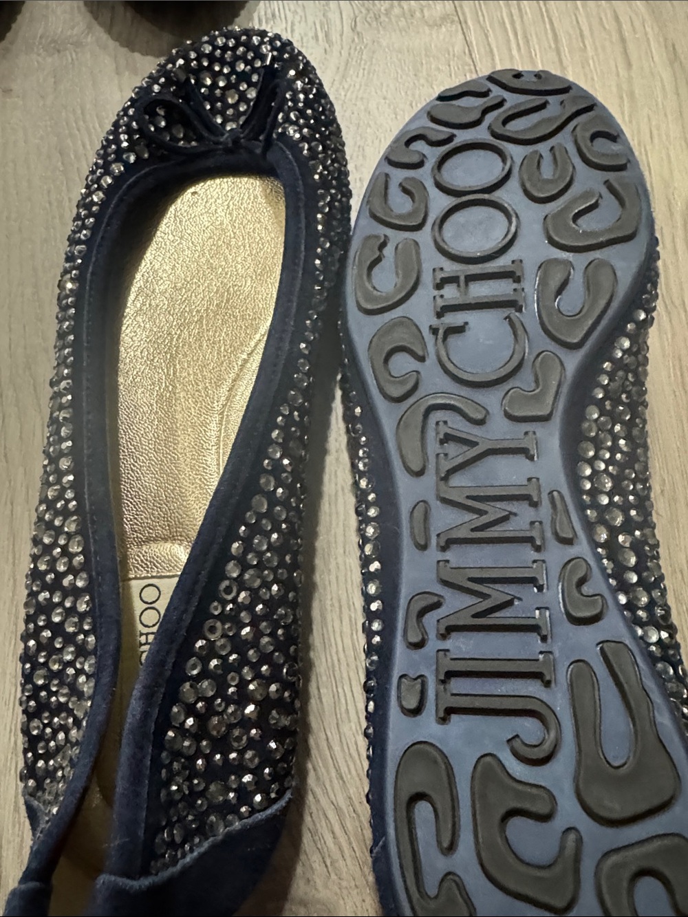 Jimmy Choo Navy Suede Crystal-Embellished Ballet Flats
